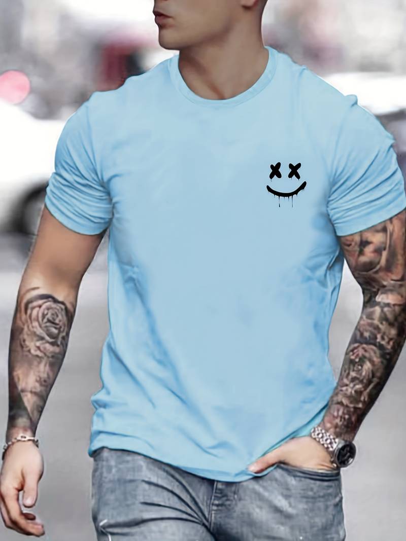 White crewneck tee with cheerful smiling Brandon graphic print, casual everyday relaxed fit