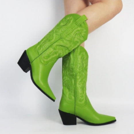 Women's vintage Western cowboy boots pointed toe thick heel embroidered rivet detail artificial leather