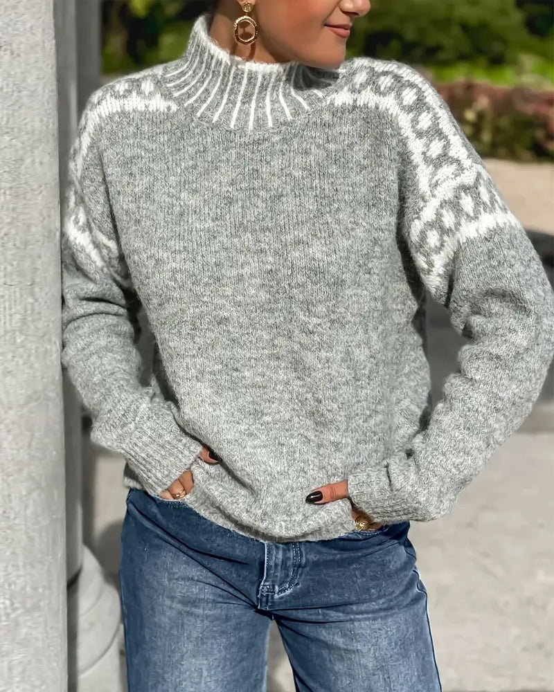 Women's cozy Nordic knit turtleneck sweater with ribbed collar and subtle shoulder pattern