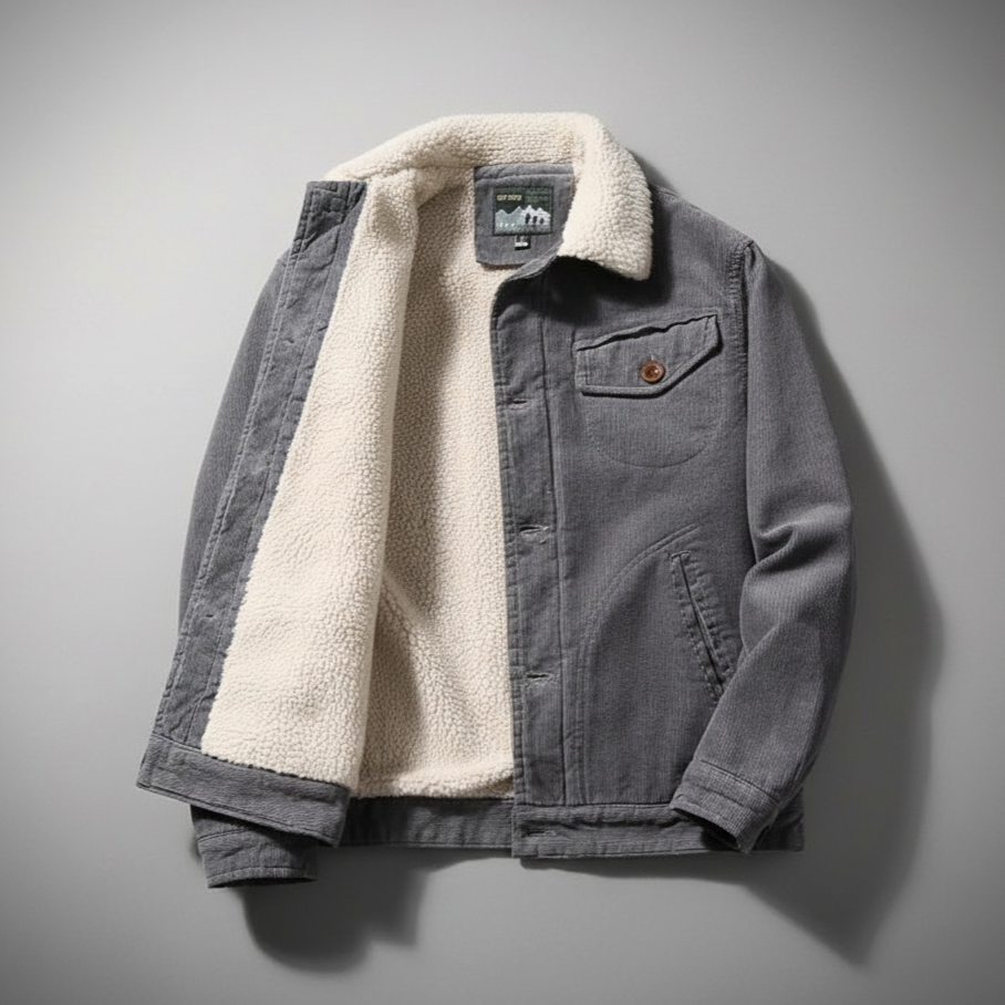Men's brown corduroy jacket regular fit shearling collar sherpa lining hip length casual winter