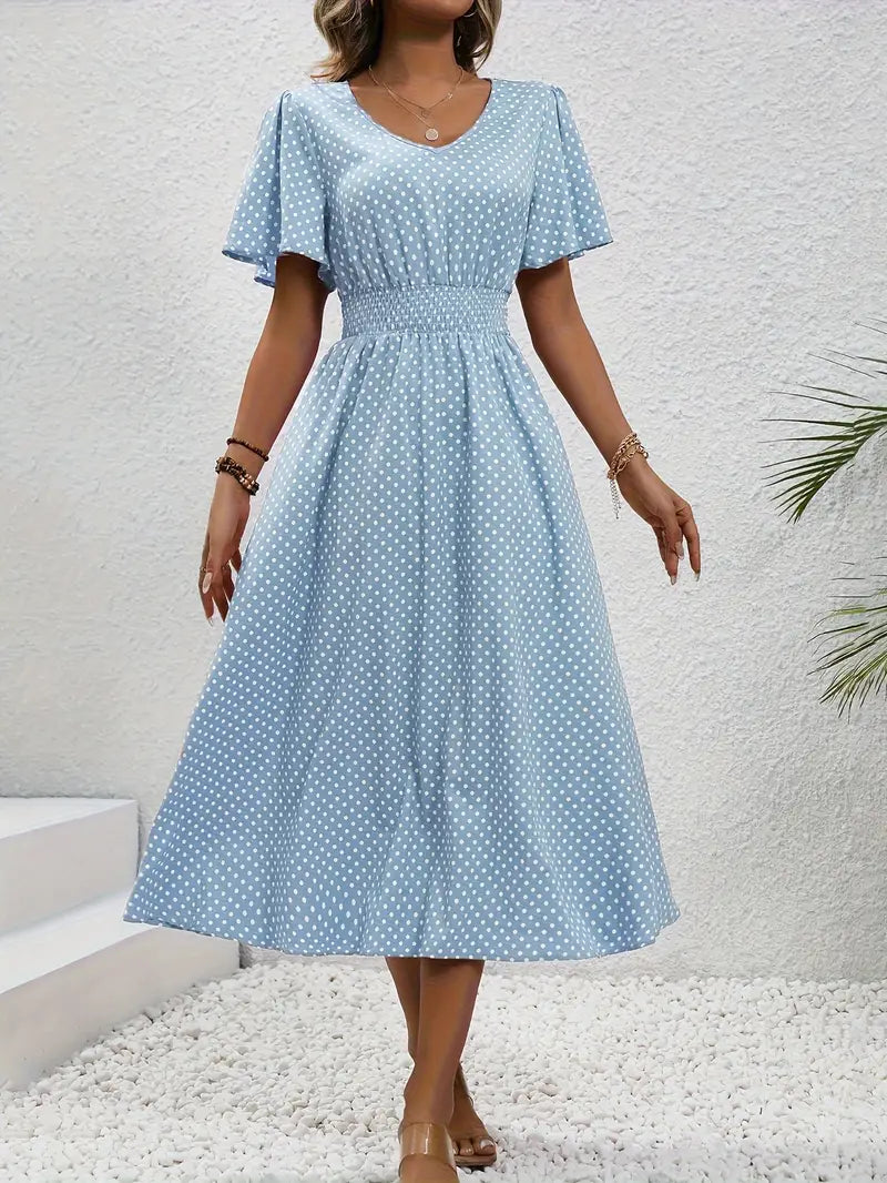 Women's short sleeve all-over print dress with ruched waist, lightweight elegant spring summer style