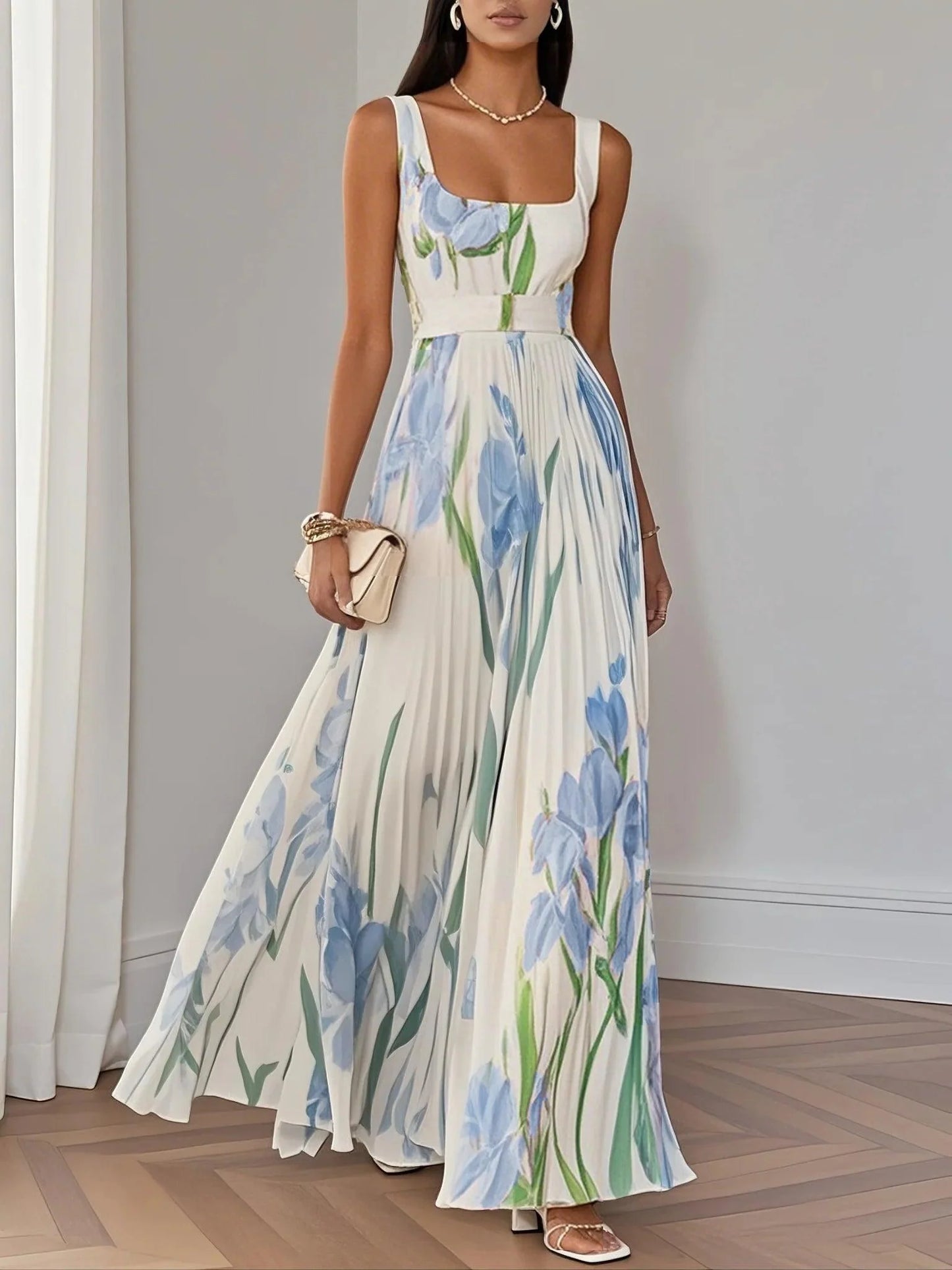 White floral chiffon maxi dress, sleeveless A-line cut with elegant square neckline and delicate pleats