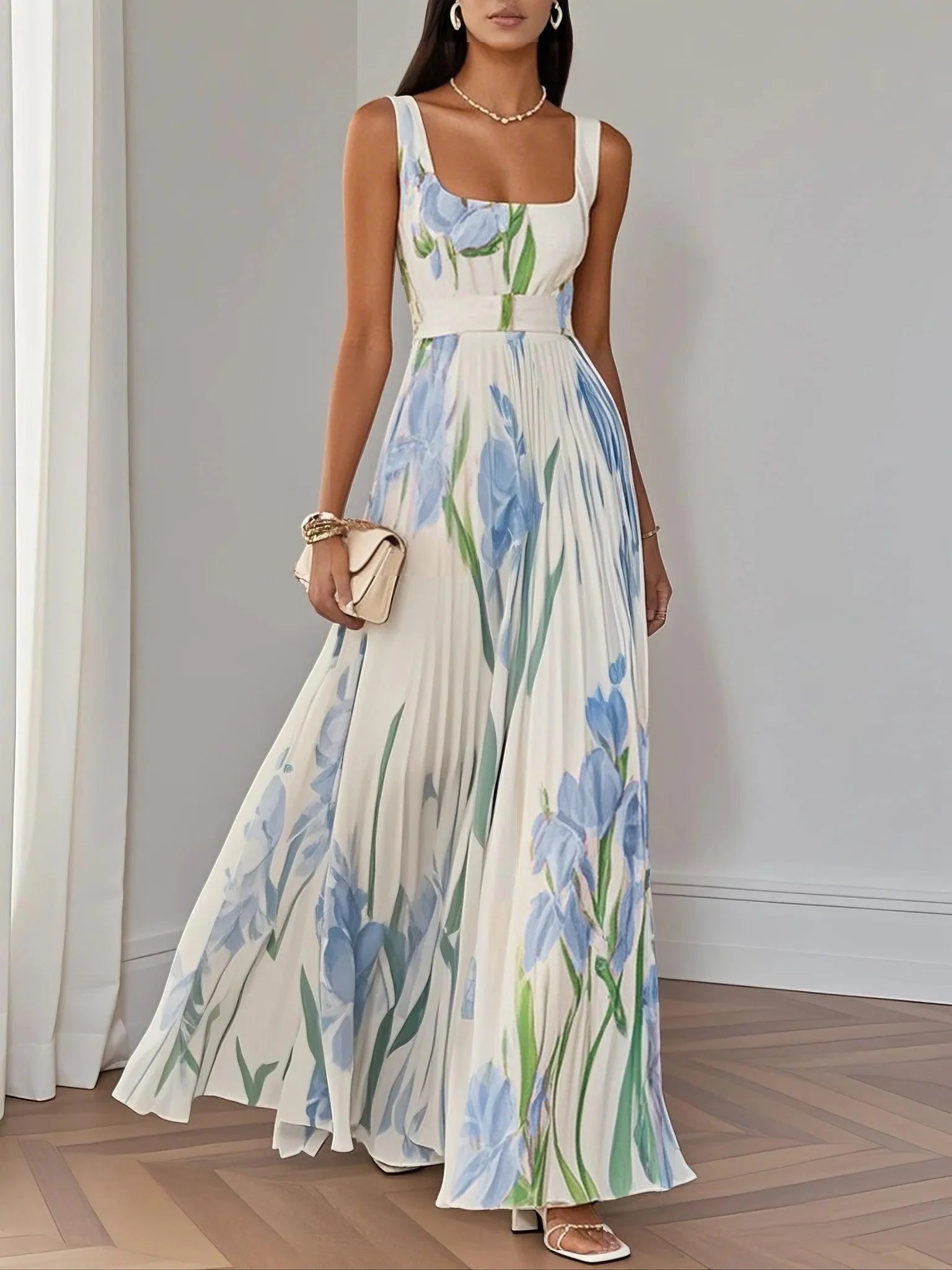 White floral chiffon maxi dress, sleeveless A-line cut with elegant square neckline and delicate pleats