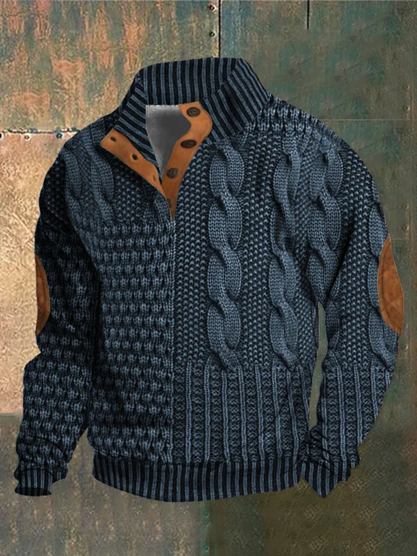 Men's winter knit sweater with button collar, elbow patches, and ribbed texture for cold-weather style
