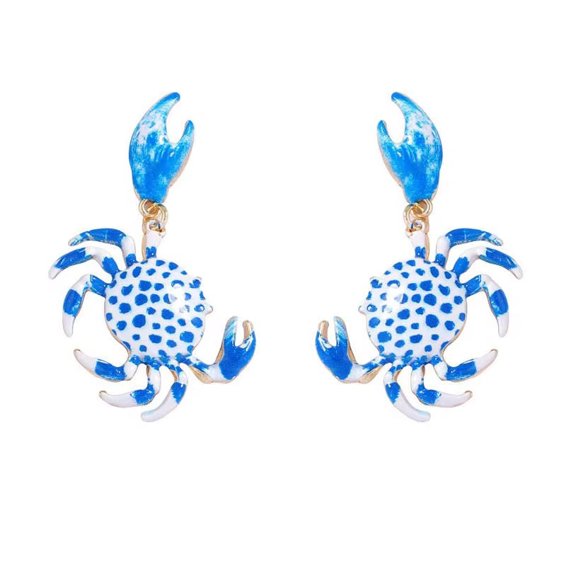 Hand-painted enamel crab claw drop earrings, lightweight sculptural silhouette with vibrant artistic finish