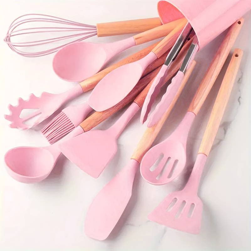 12-piece minimalist silicone and wood kitchen utensil set with soft heads safe for nonstick cookware