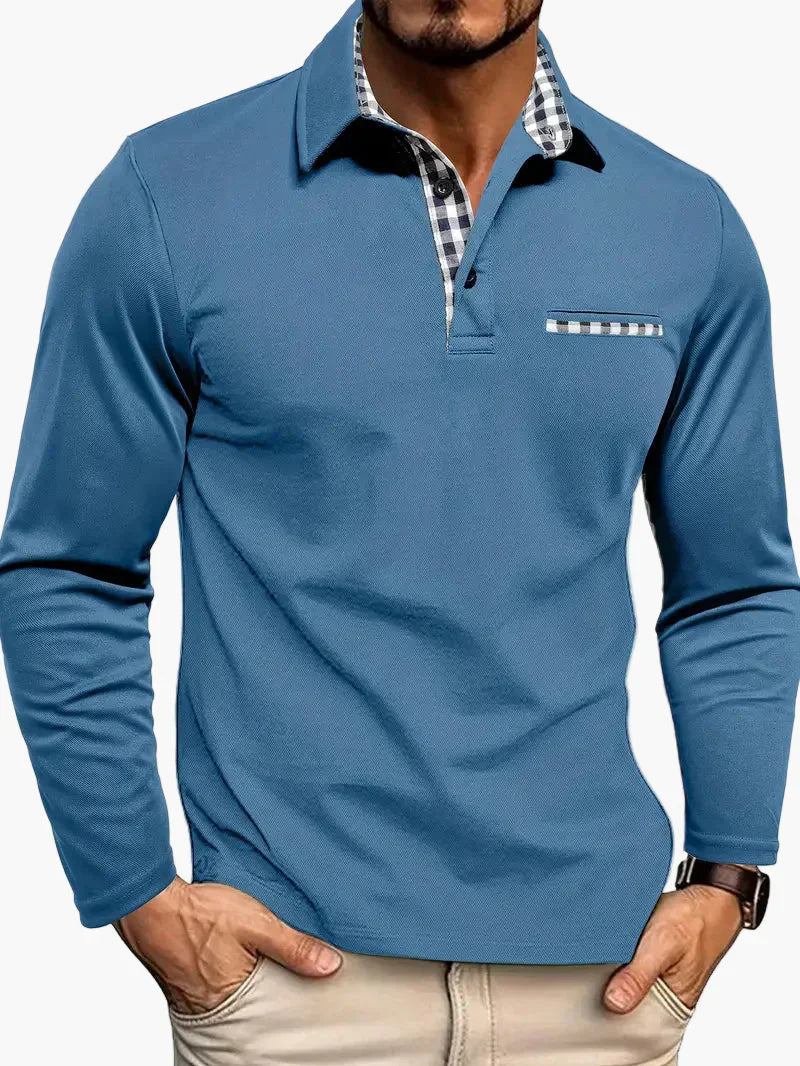Men's slim-fit long sleeve polo shirt with elegant check collar detail for casual style