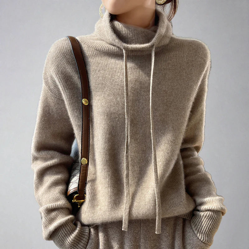 Women's slouchy fit turtleneck pullover sweater with drawstring cozy winter warmth