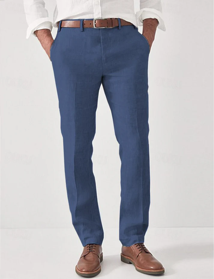 Men's beige linen pants modern slim cut breathable lightweight fabric for casual and formal wear