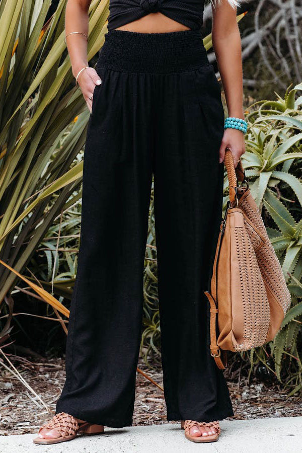 Women's wide leg vacation trousers flowing silhouette lightweight breezy beach travel pants