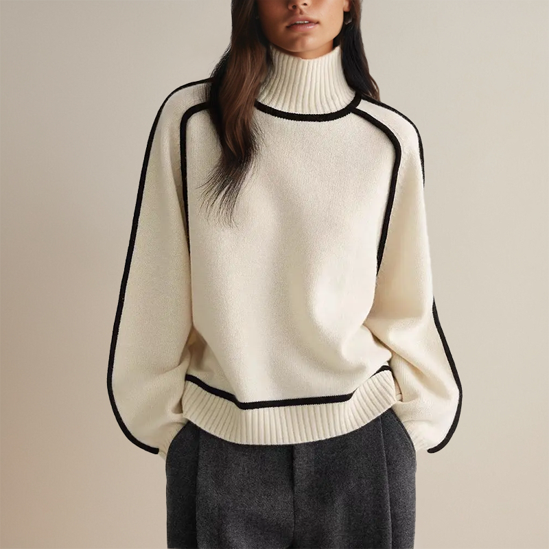 Women's ribbed turtleneck sweater with side stripes, cozy winter knit in classic style