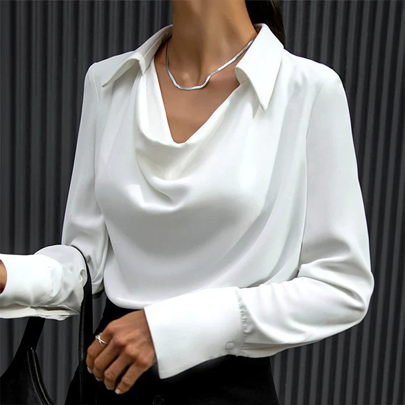 Women's satin blouse draped neckline long sleeves elegant silky finish work-to-evening top