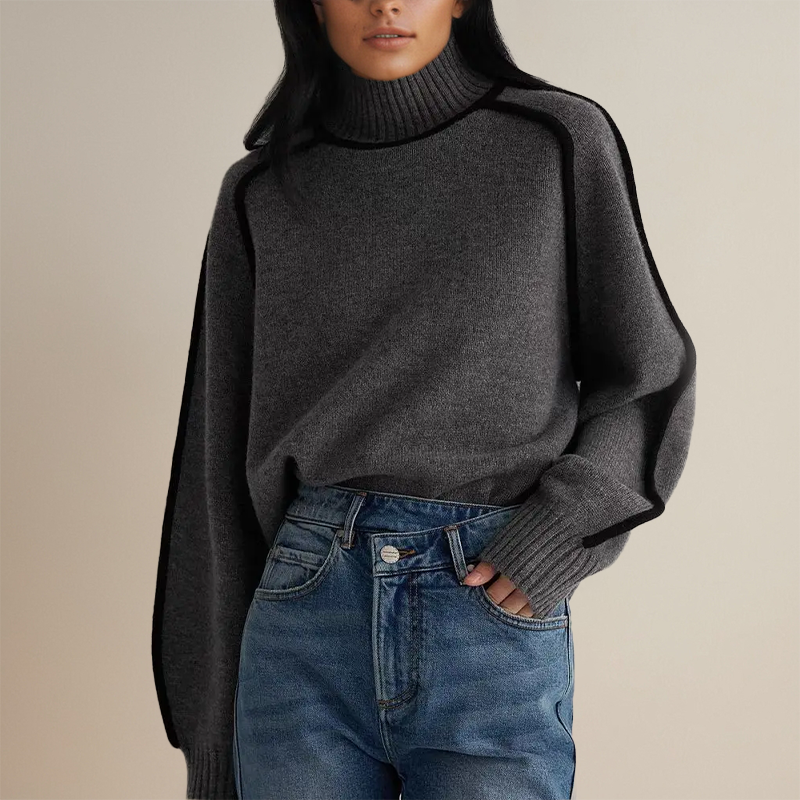 Women's ribbed turtleneck sweater with contrast side stripes, cozy slim-fit winter knit essential