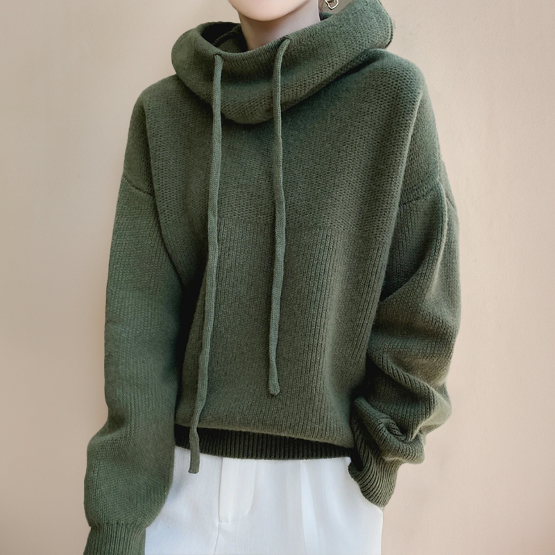Women's oversized cowl neck wool hoodie in neutral tone, relaxed fit with draped neckline