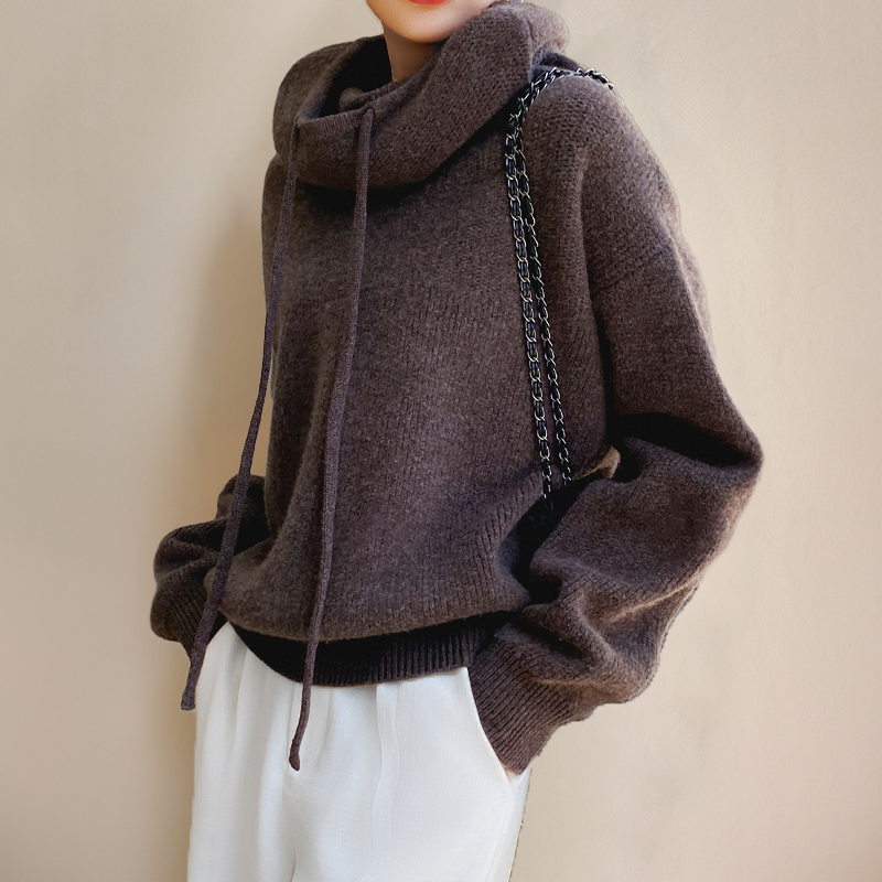 Women's slouchy knit hoodie with adjustable drawstring high neck for cozy oversized warmth