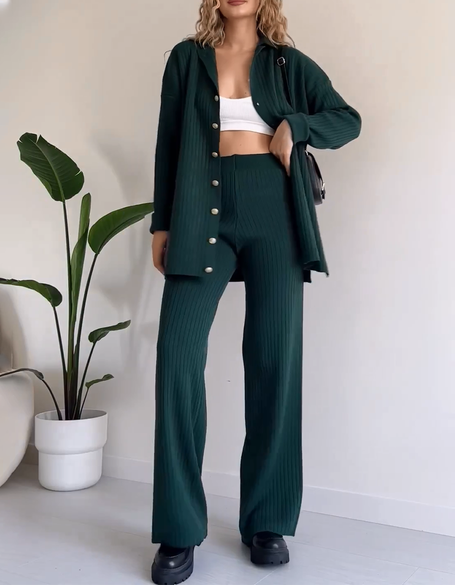 Women striped jacquard knit two-piece set cozy acrylic pullover top matching pants elastic waist