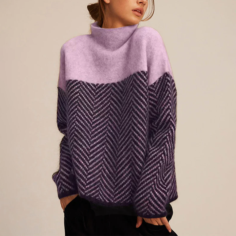 Women's loose-fit high neck knit sweater cozy relaxed silhouette with ribbed texture for effortless warmth