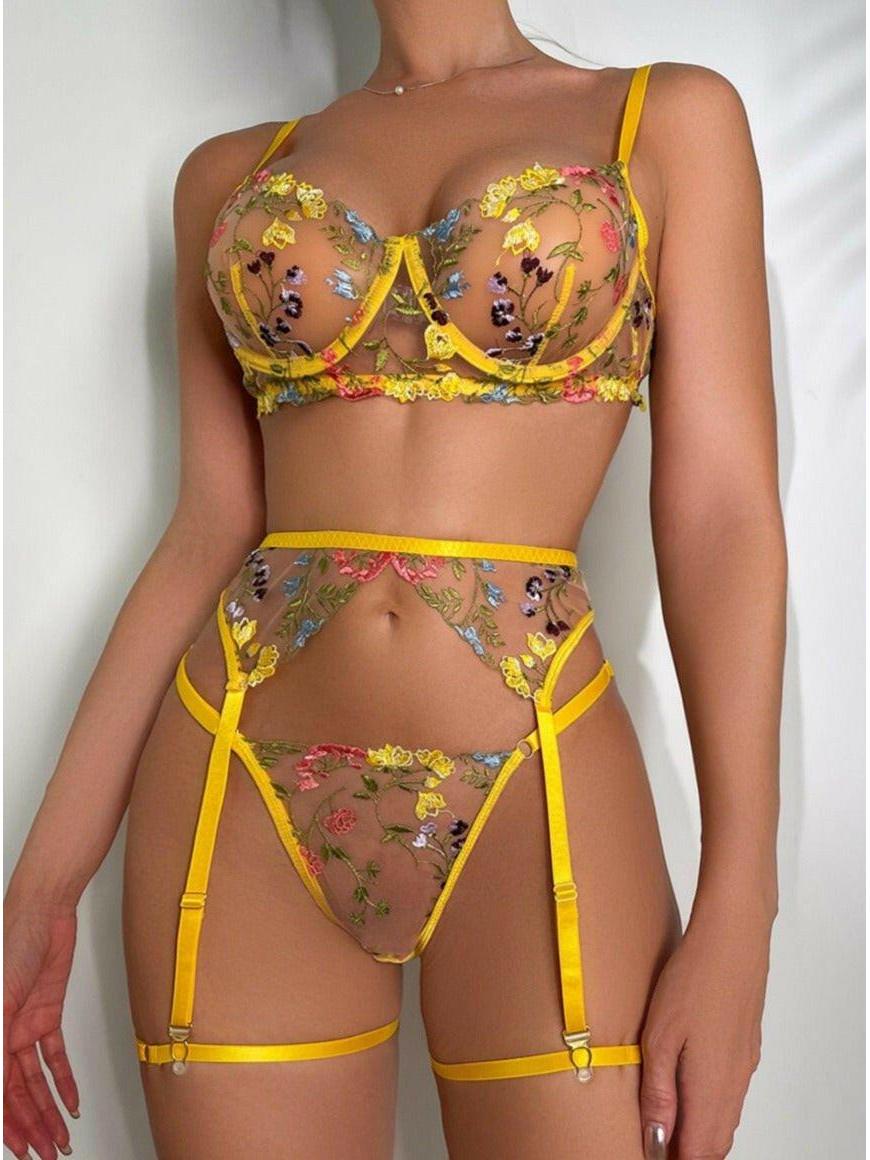 Daisy 3-piece French lingerie set with floral embroidery, sheer mesh panels, delicate lace feminine style