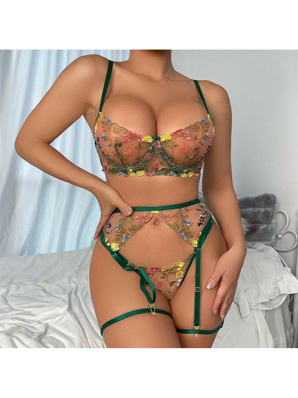 Daisy 3-piece French lingerie set, sheer mesh with floral embroidery, feminine Parisian lace bra and panty