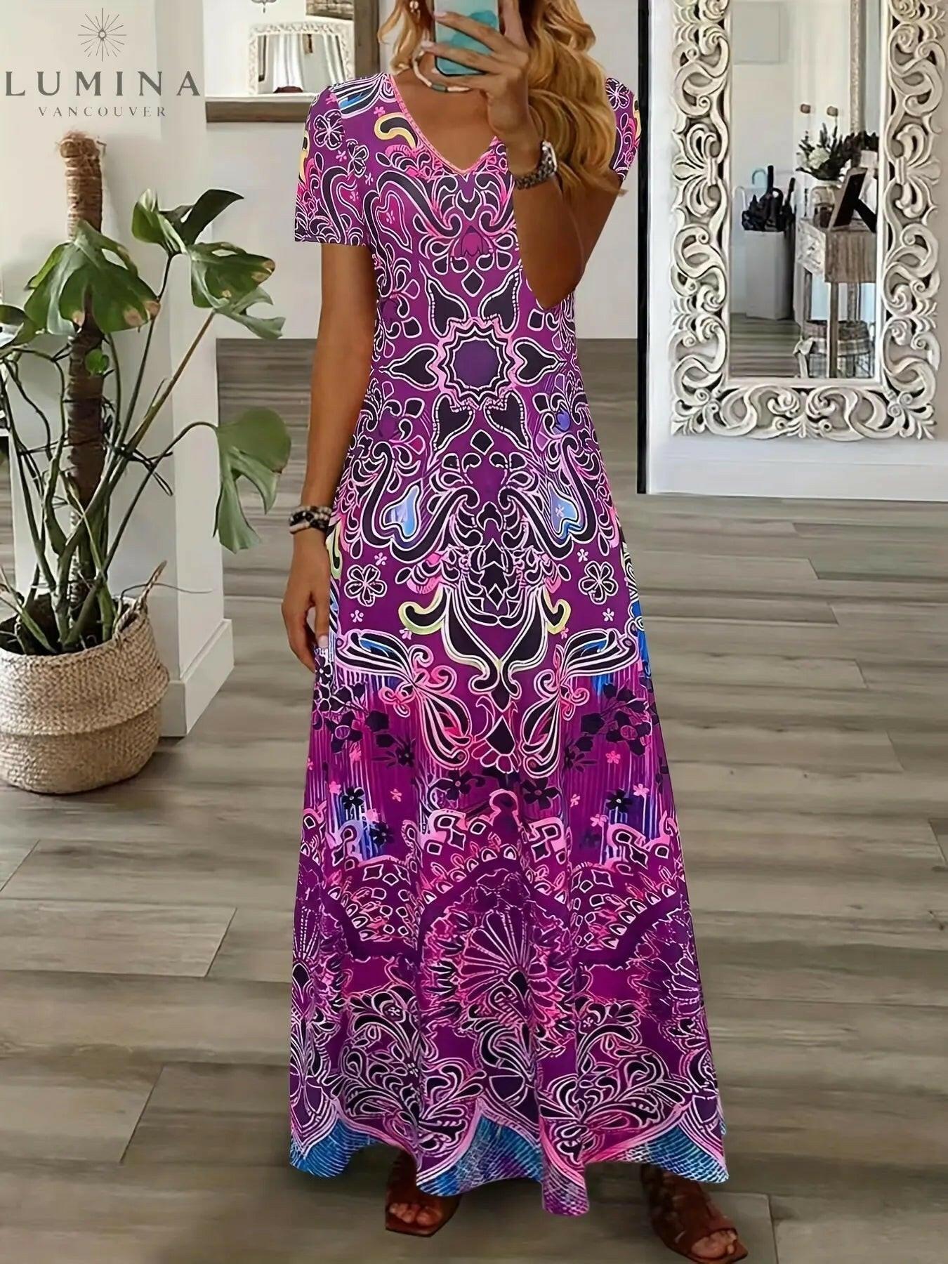Vintage floral V-neck flowy midi dress in soft tones with delicate daisy print and feminine silhouette