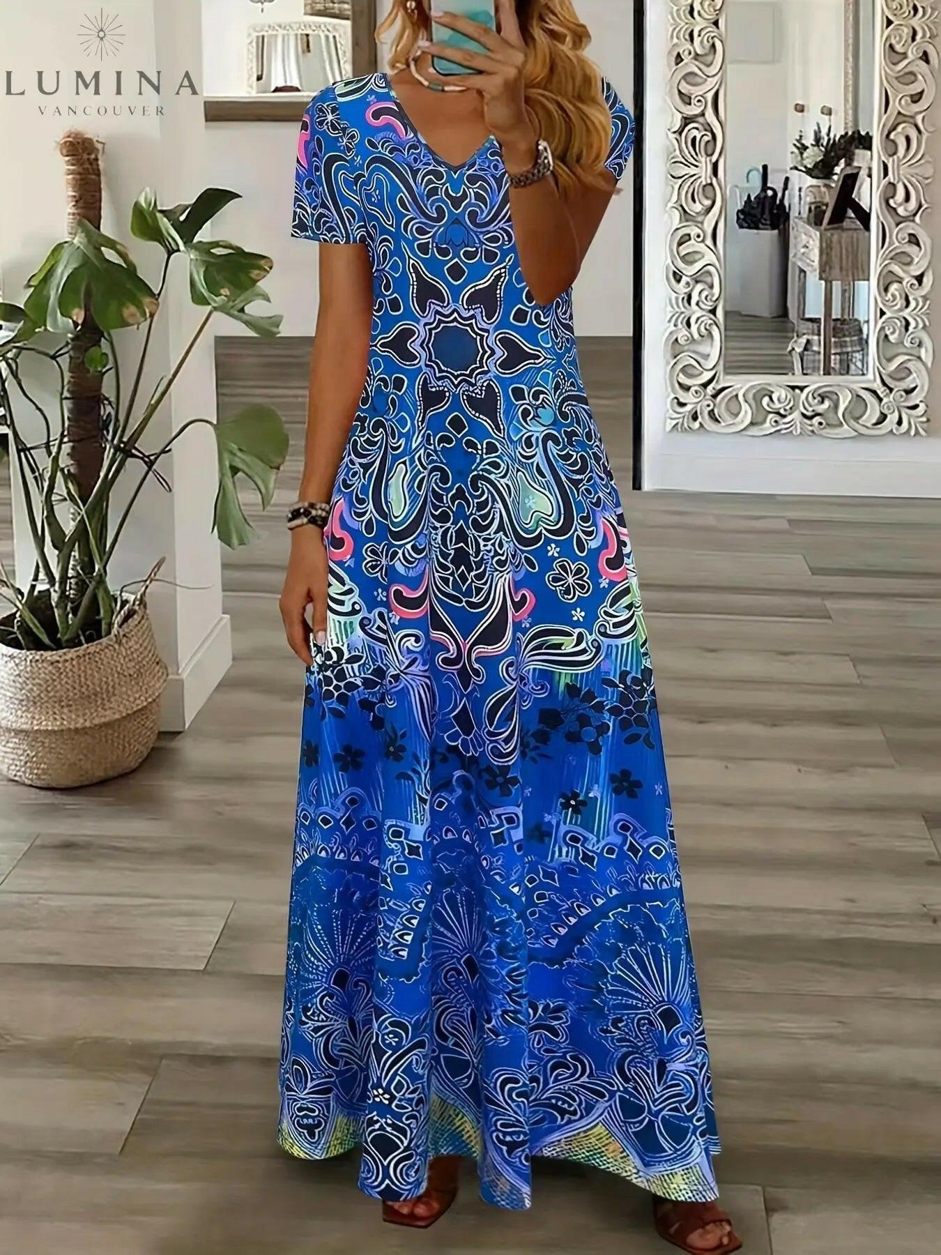 Vintage flowy V-neck midi dress in daisy floral print with delicate details and feminine silhouette