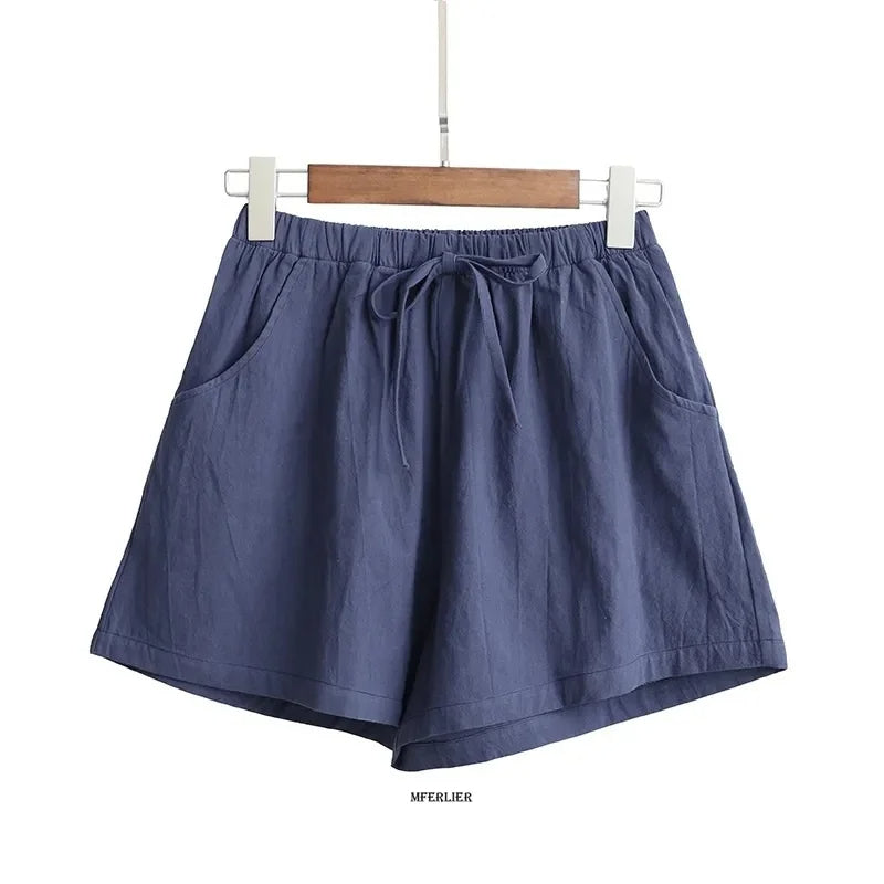 Plus size high-waisted linen shorts, vintage-inspired silhouette, breathable cotton-linen blend for beach days