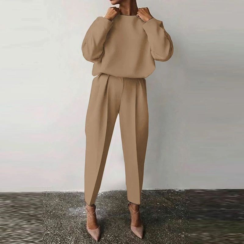 Women's two-piece suit set relaxed balloon sleeve top high-waisted tapered pants office chic