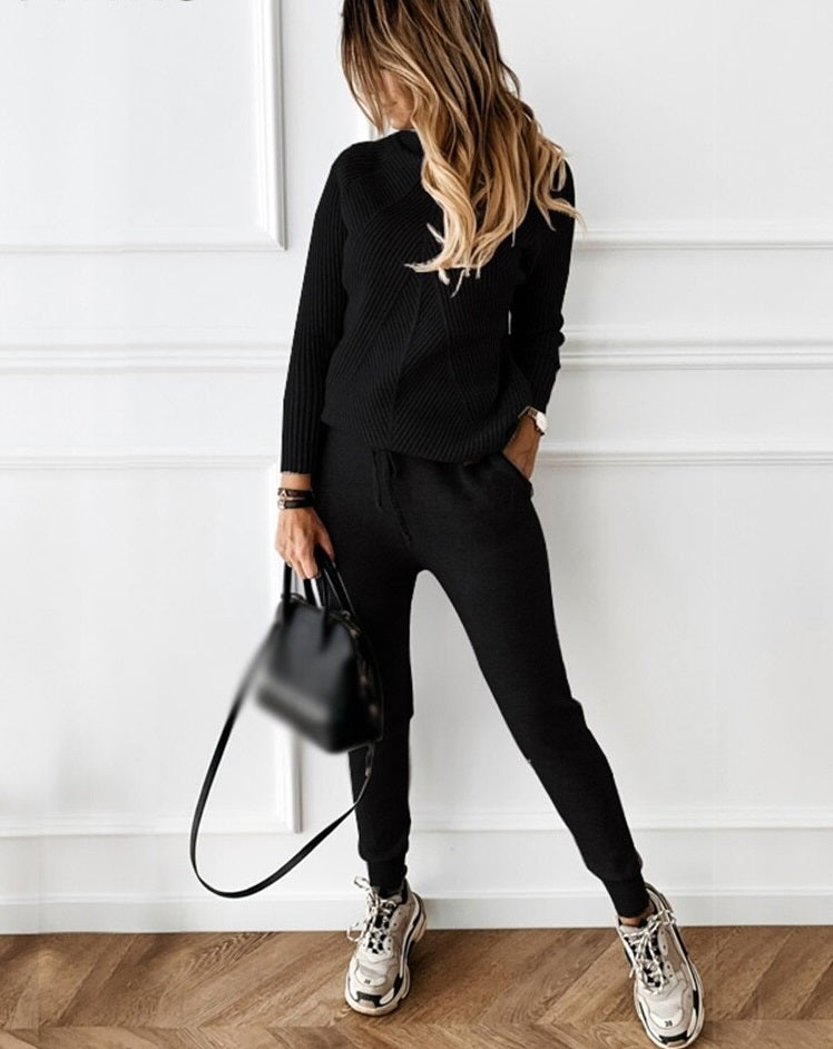 Women's ribbed knit two-piece jogging suit turtleneck top drawstring waist relaxed fit loungewear set