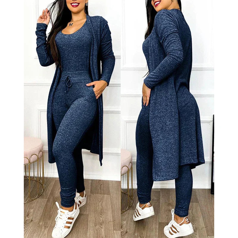 Women's two-piece jumpsuit set with matching jacket, sleeveless slim-fit legging style, chic spring look