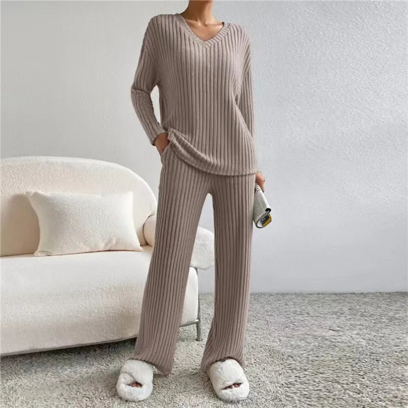 Women's ribbed V-neck two-piece lounge set loose fit wide-leg pants casual coordinated outfit