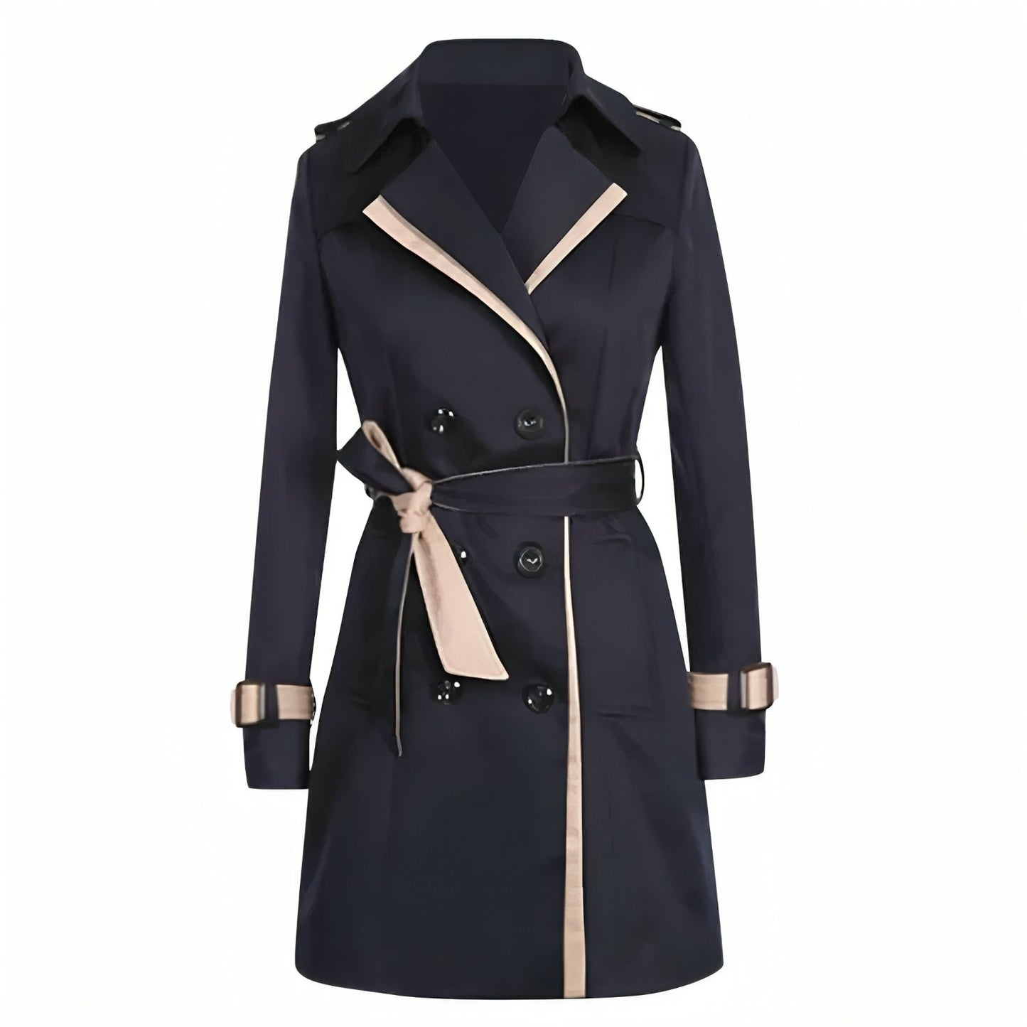 Women's beige double-breasted trench coat with structured silhouette and classic polished closure