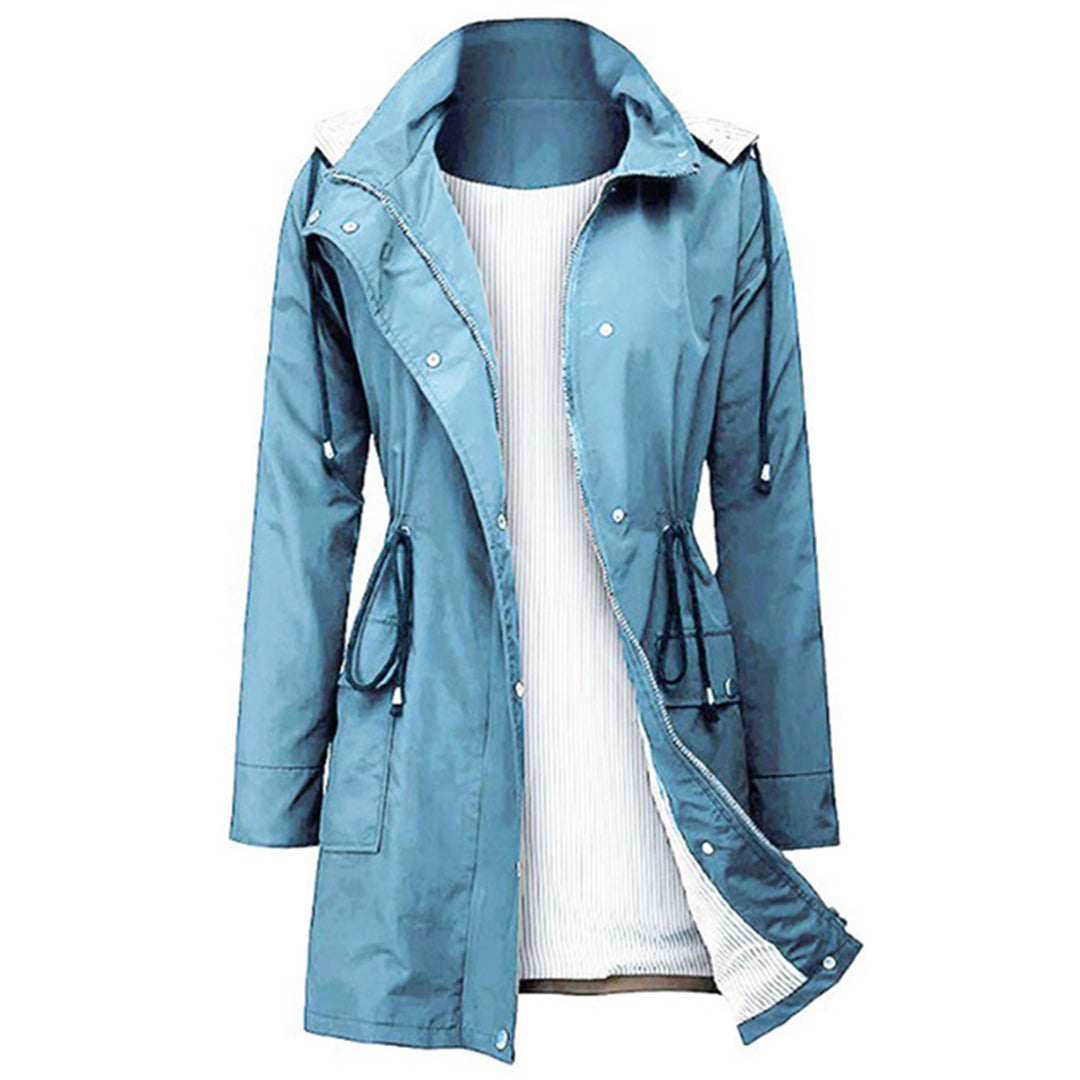 Women's waterproof rain jacket with adjustable hood, cinched waist, breathable lining, and functional pockets