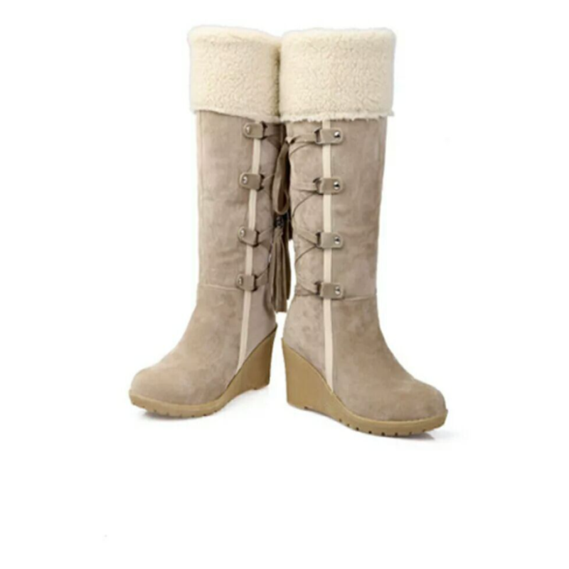 Women's knee-high wedge winter boots with cozy faux fur cuff, tall shaft, warm elegant style