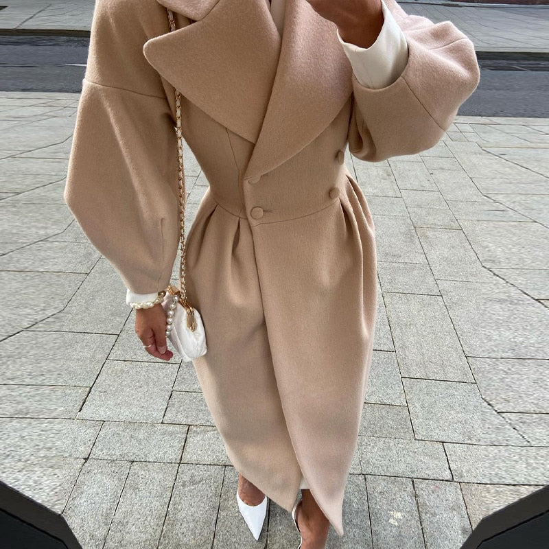 Women's double-breasted long trench coat with wide lapels, tailored fit for classic office style