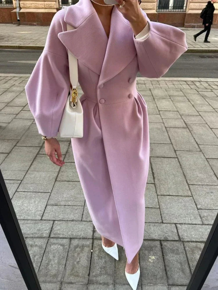 Women's double-breasted long trench coat with wide lapels, tailored fit for timeless office style