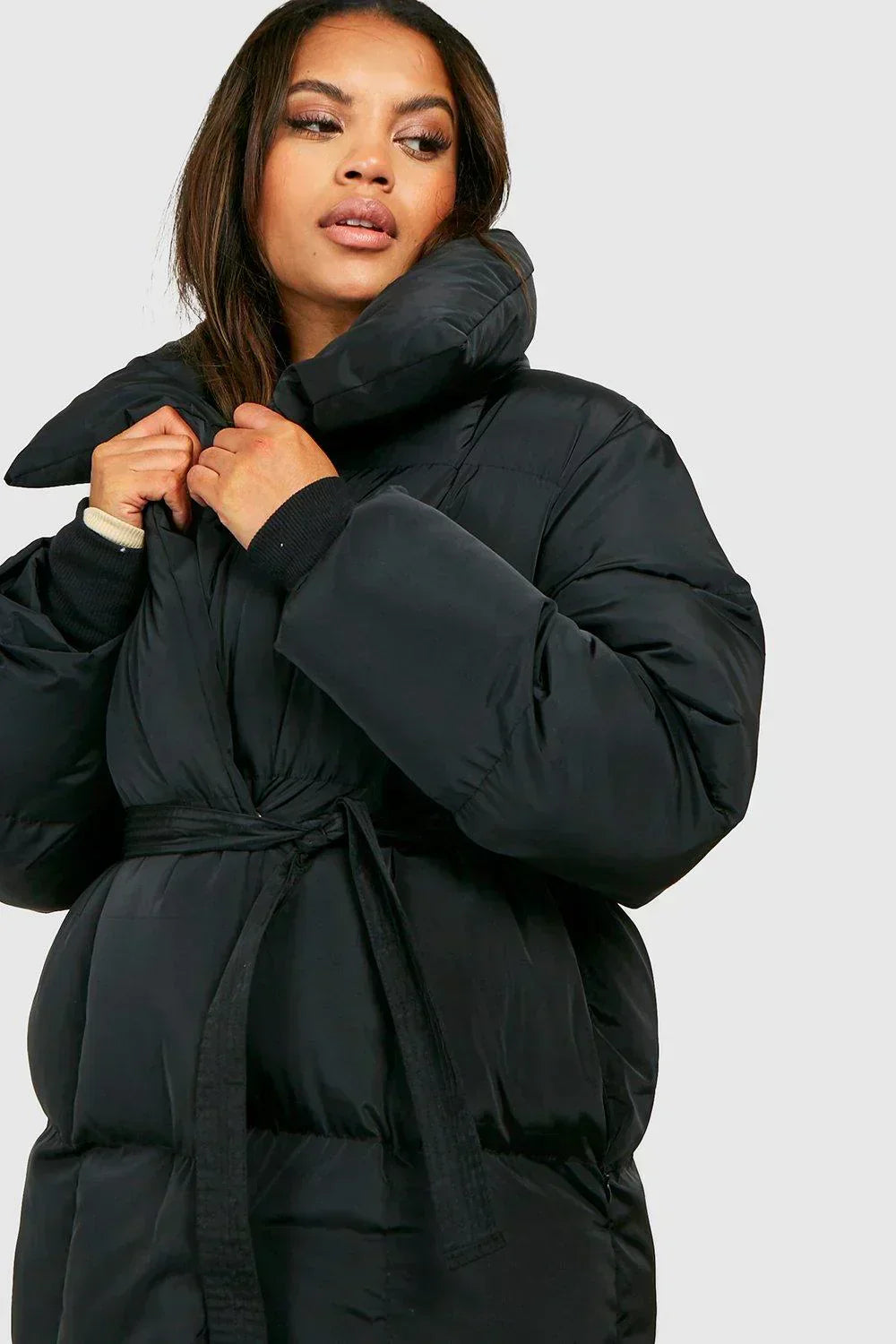 Women's short fitted jacket stand collar belted waist chic lightweight winter style