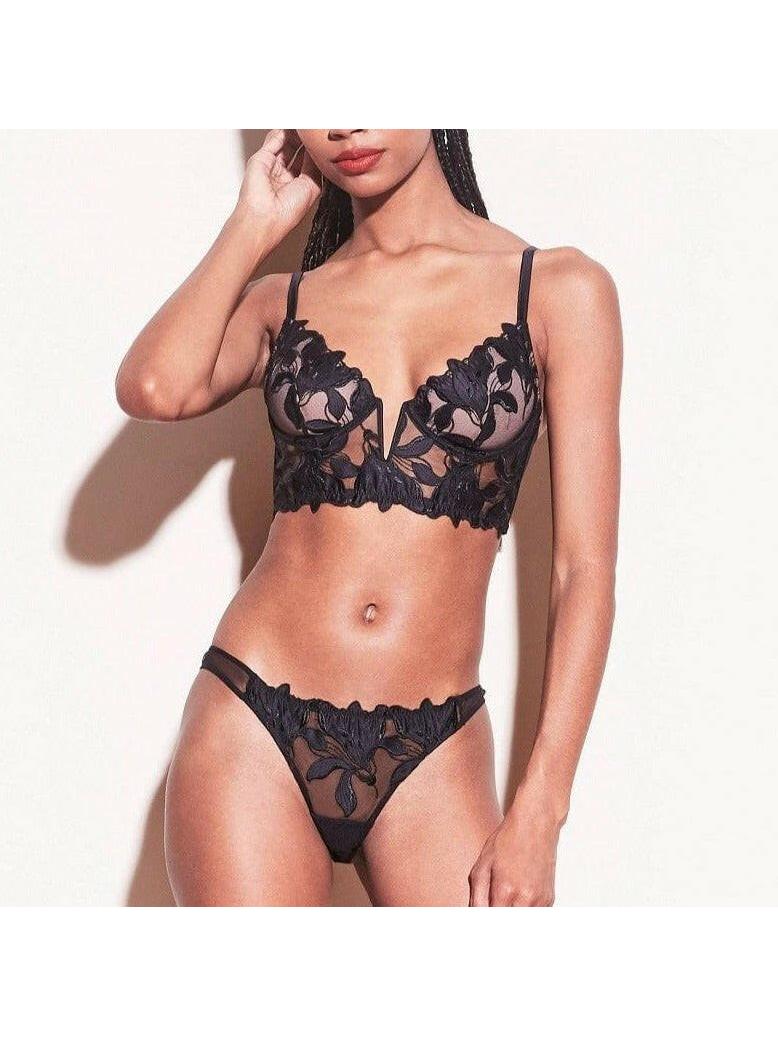 Daniela black lace lingerie two-piece set with embroidered overlay bra and matching panties