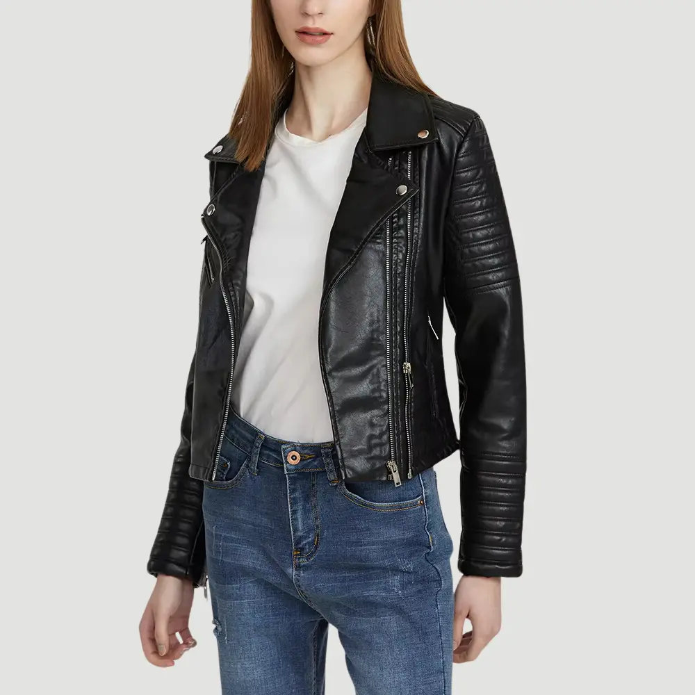 Women's black faux leather biker jacket edgy classic silhouette with asymmetric zipper detail