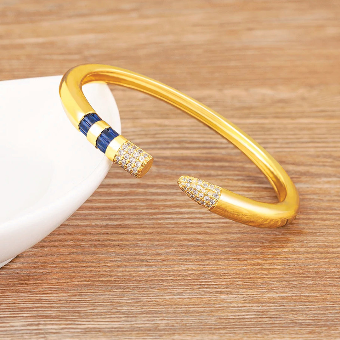 Gold plated pencil cuff bracelet with cubic zirconia inlays adjustable unisex minimalist bangle