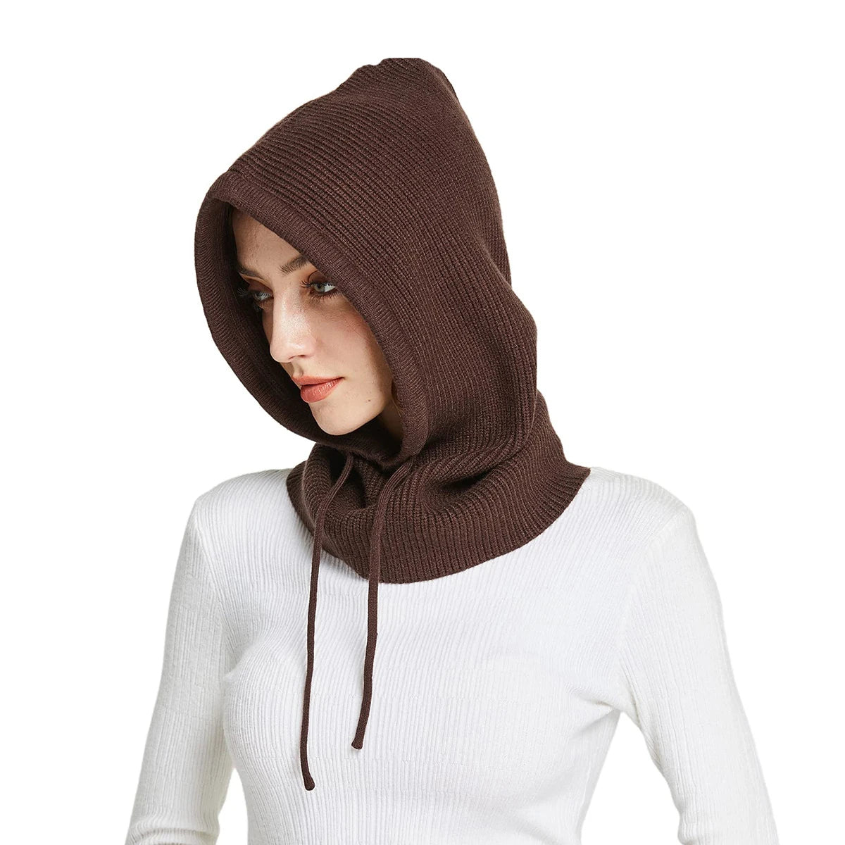 Women's ribbed wool balaclava in neutral tone, close-fit full coverage with adjustable drawstring closure