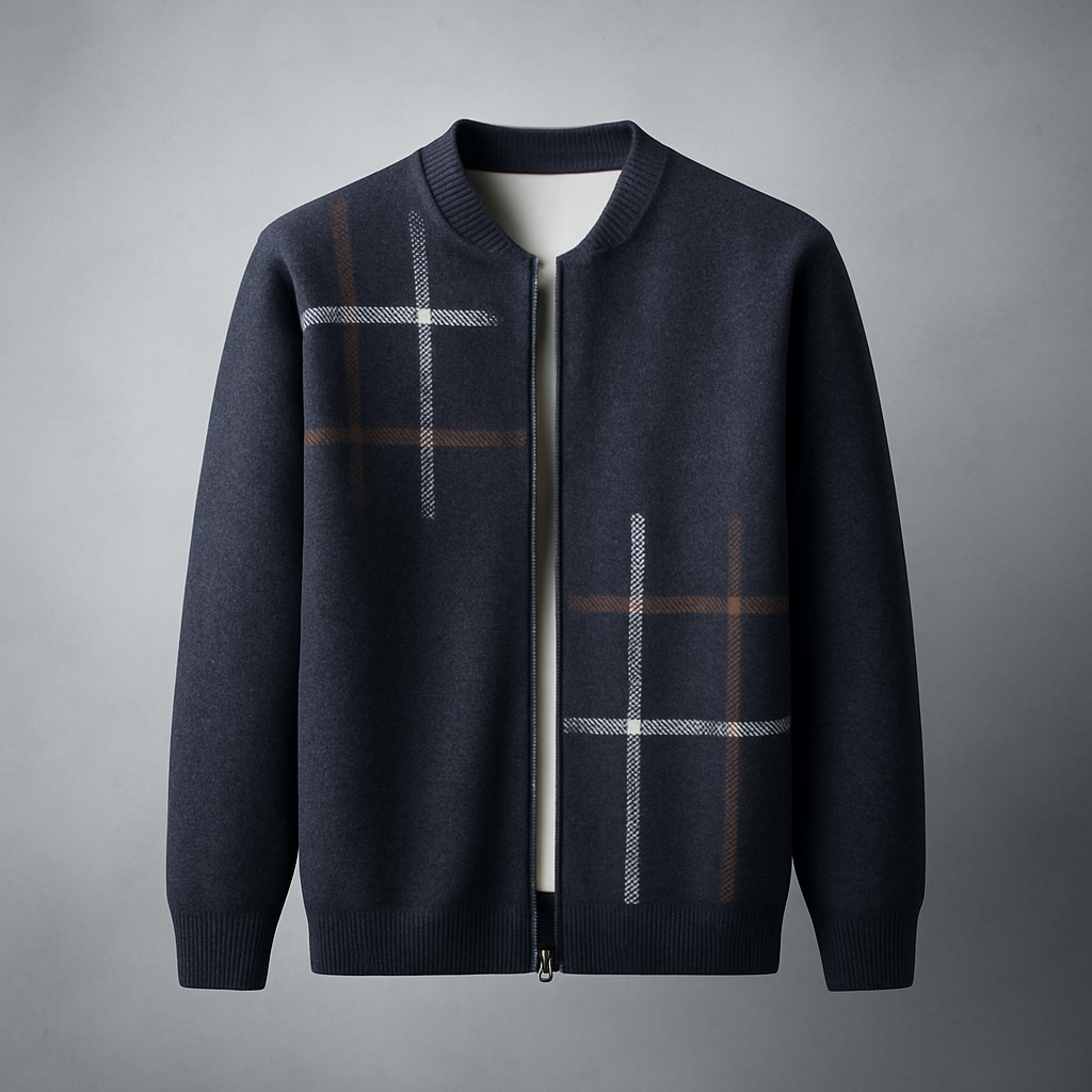 Men's regular fit plaid crewneck knit jacket with zip front closure, hip-length casual winter layer