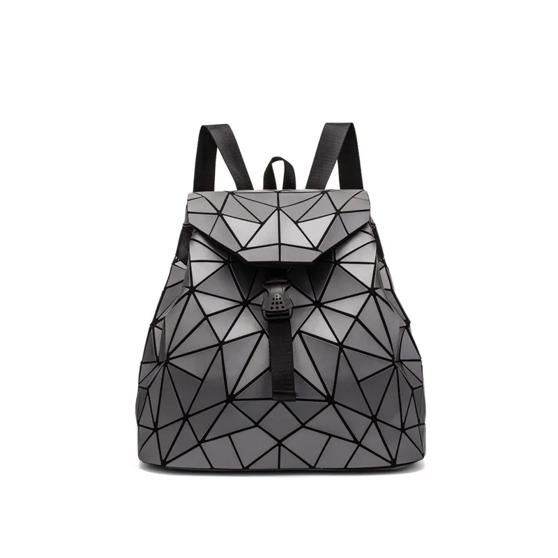 Holographic geometric backpack with iridescent color-shifting finish and spacious top flap closure