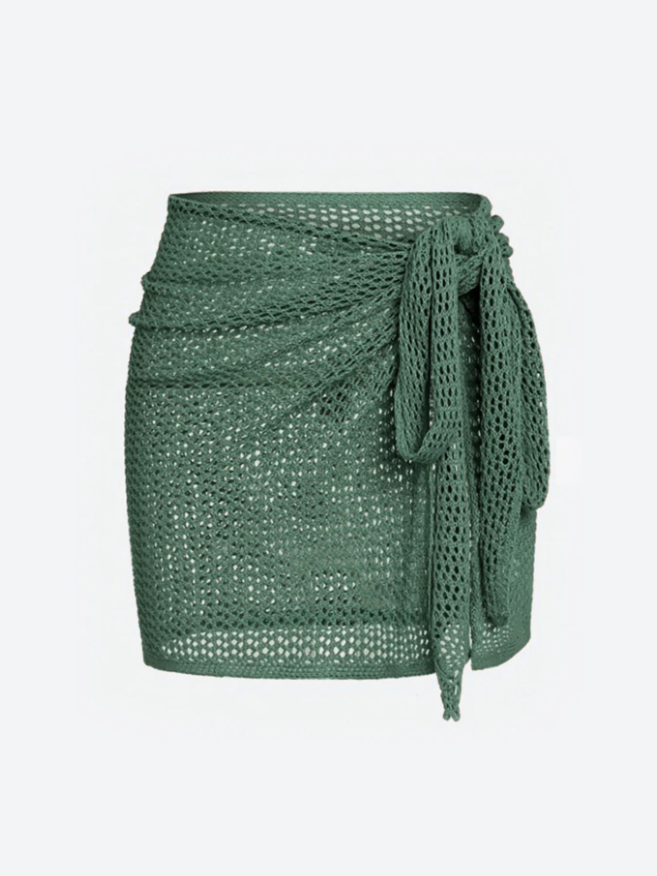 Women's sheer open-knit mesh beach cover-up skirt in neutral with adjustable tie waist