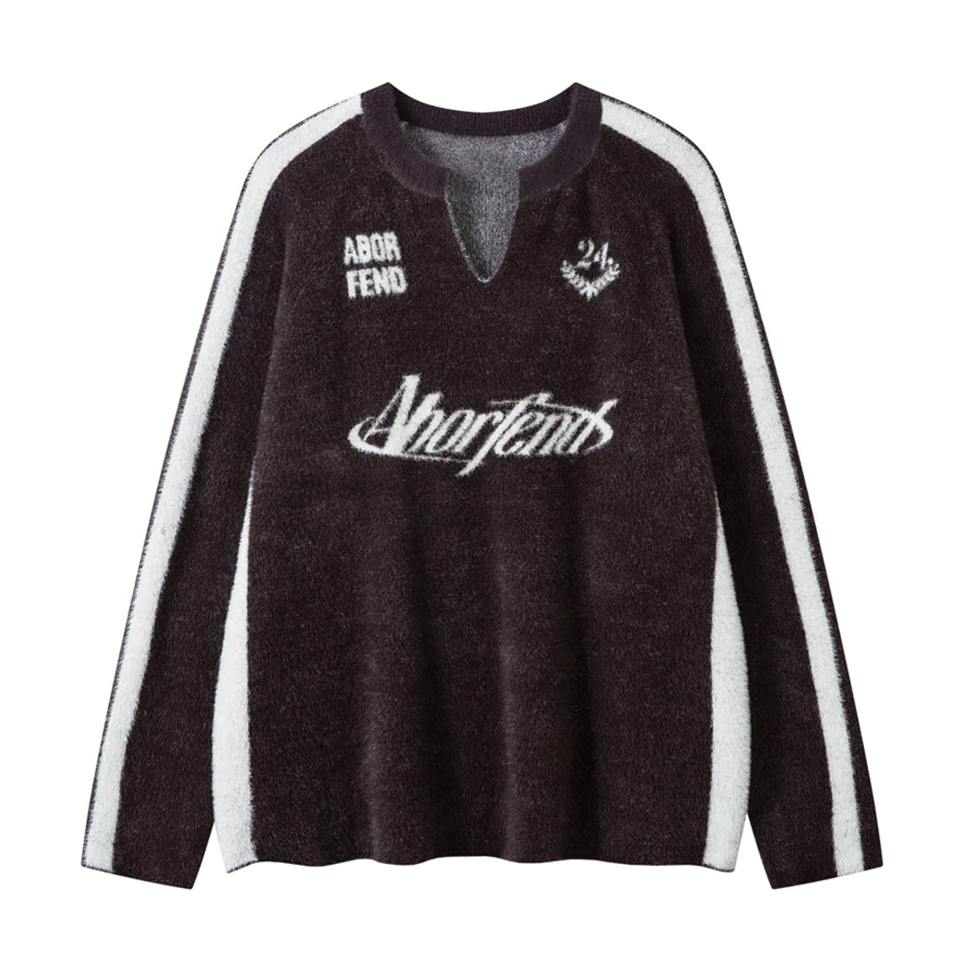 Oversized striped cotton-blend V-neck knit jersey with graphic jacquard script detail