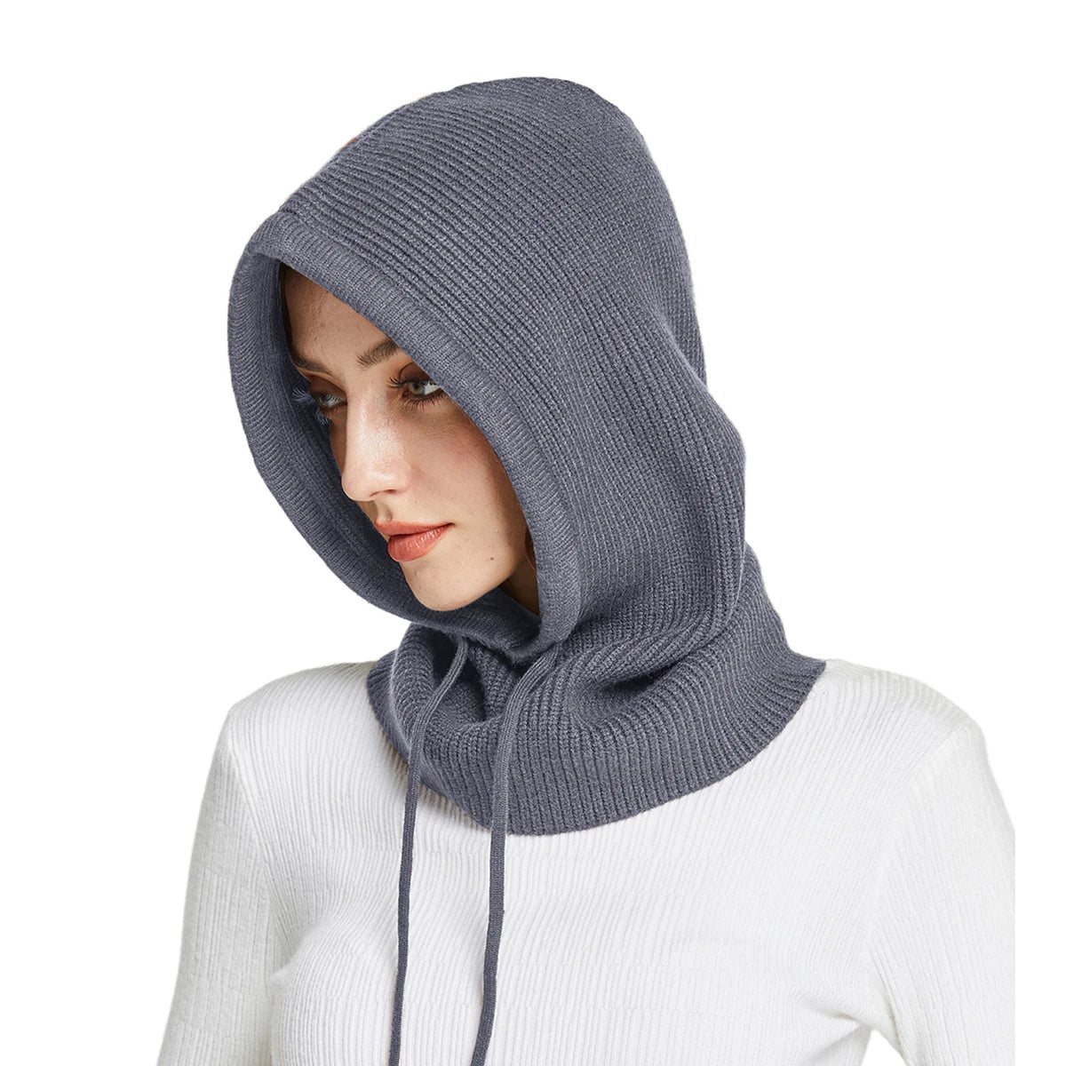 Women's ribbed wool balaclava in neutral tone, close-fit full coverage with adjustable drawstring closure