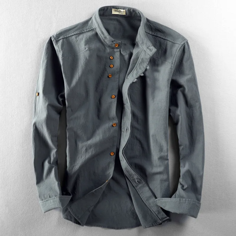 Men slim fit linen shirt mandarin collar button front breathable casual white minimalist