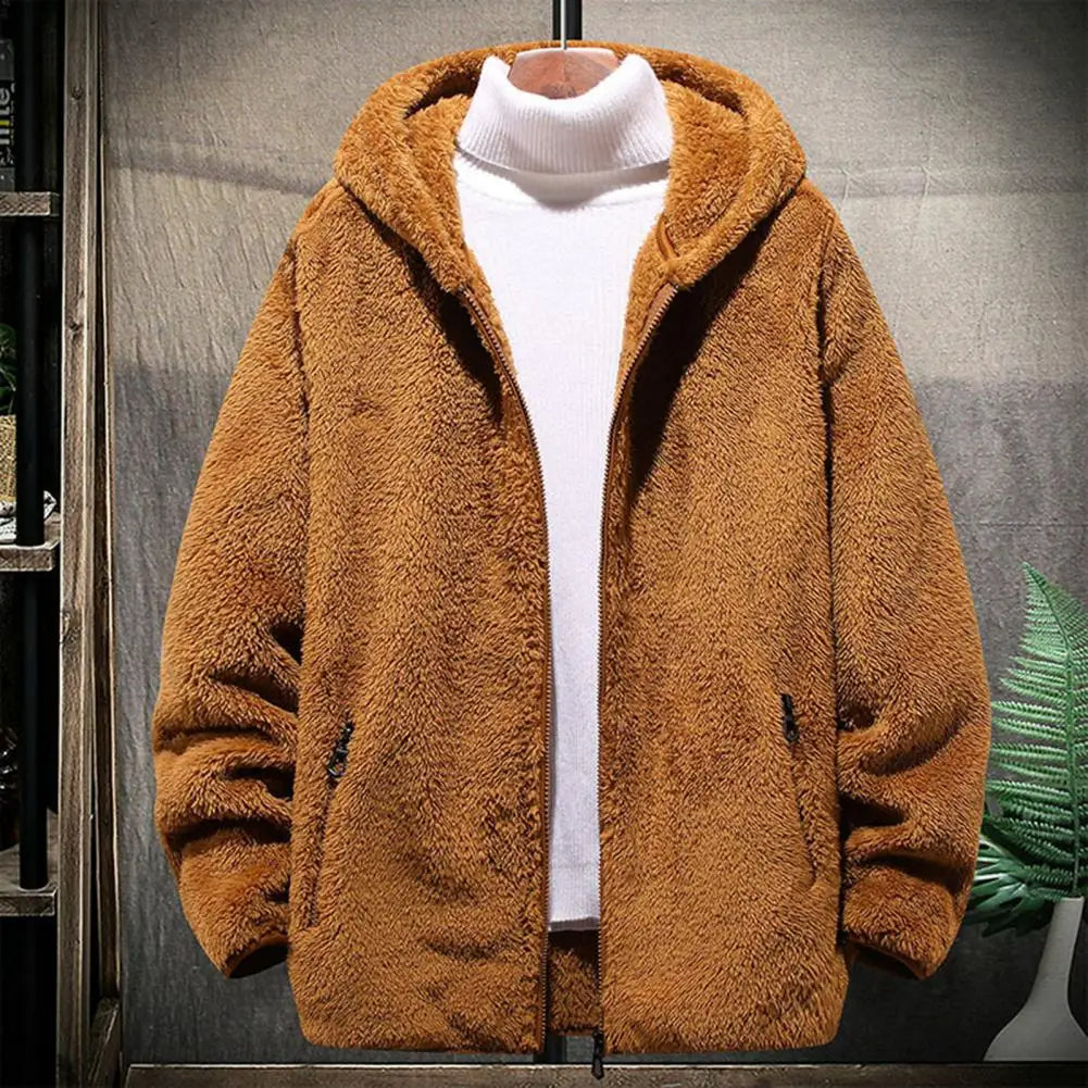 Men's oversized gray zip-front fleece hoodie jacket with relaxed fit and plush cozy fabric