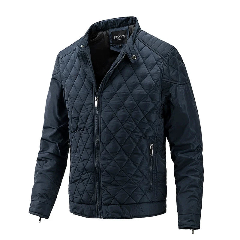 Men's navy quilted jacket stand collar full zip hip-length regular fit casual winter outerwear