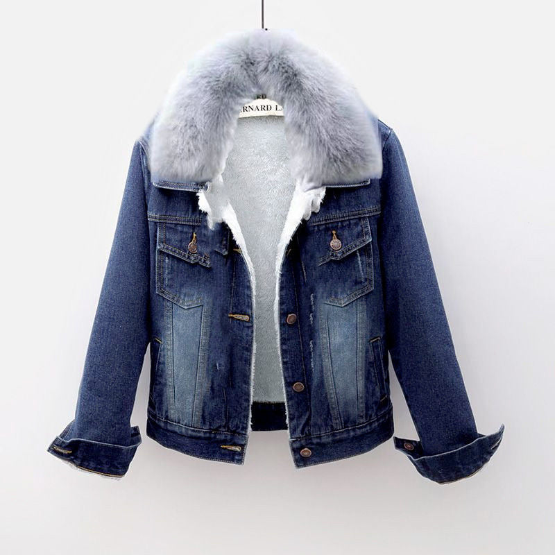 Women's blue regular fit denim jacket with fur collar and warm sherpa lining for winter