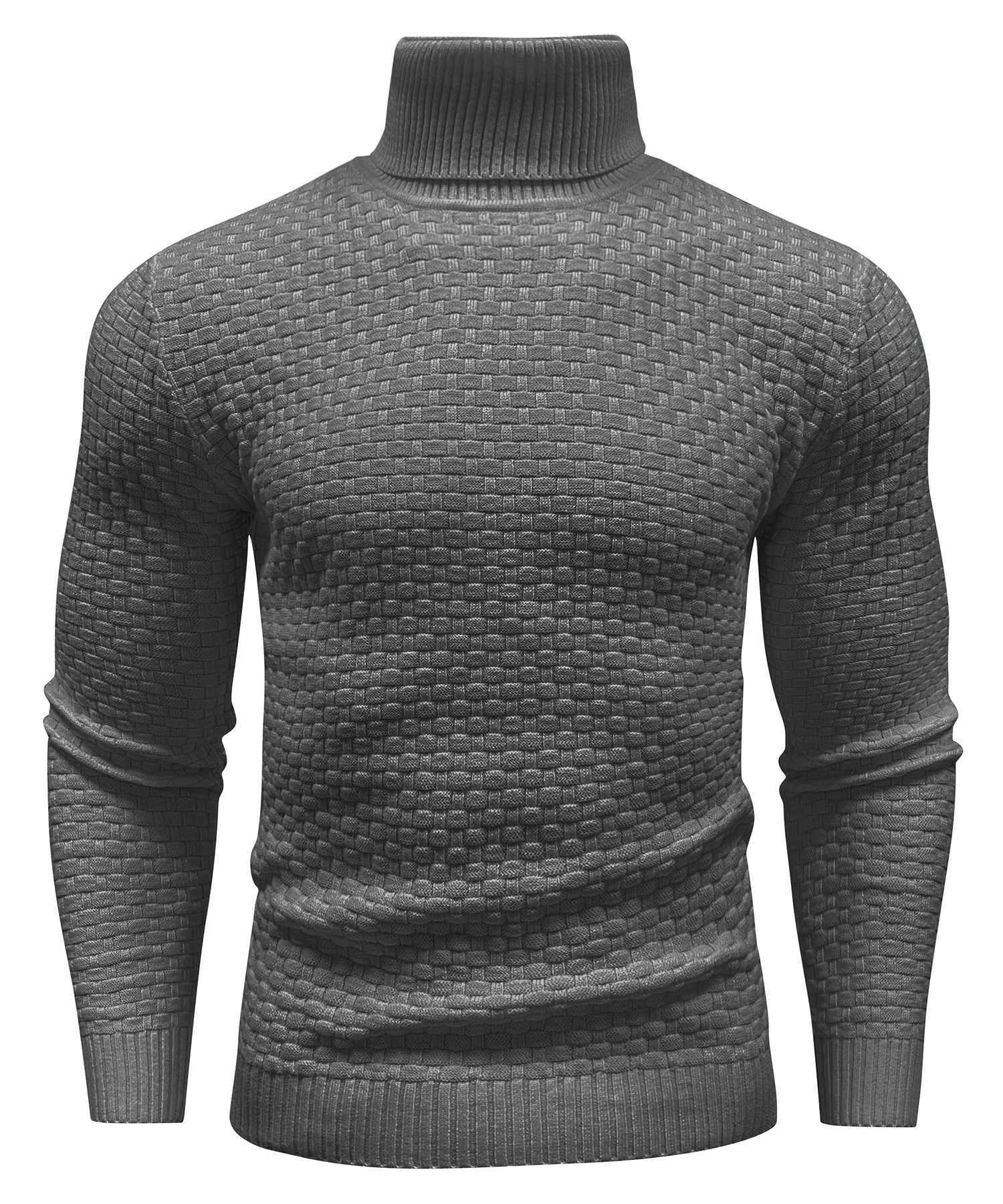 Men's slim fit turtleneck sweater with geometric knit pattern and ribbed finish in sophisticated casual style